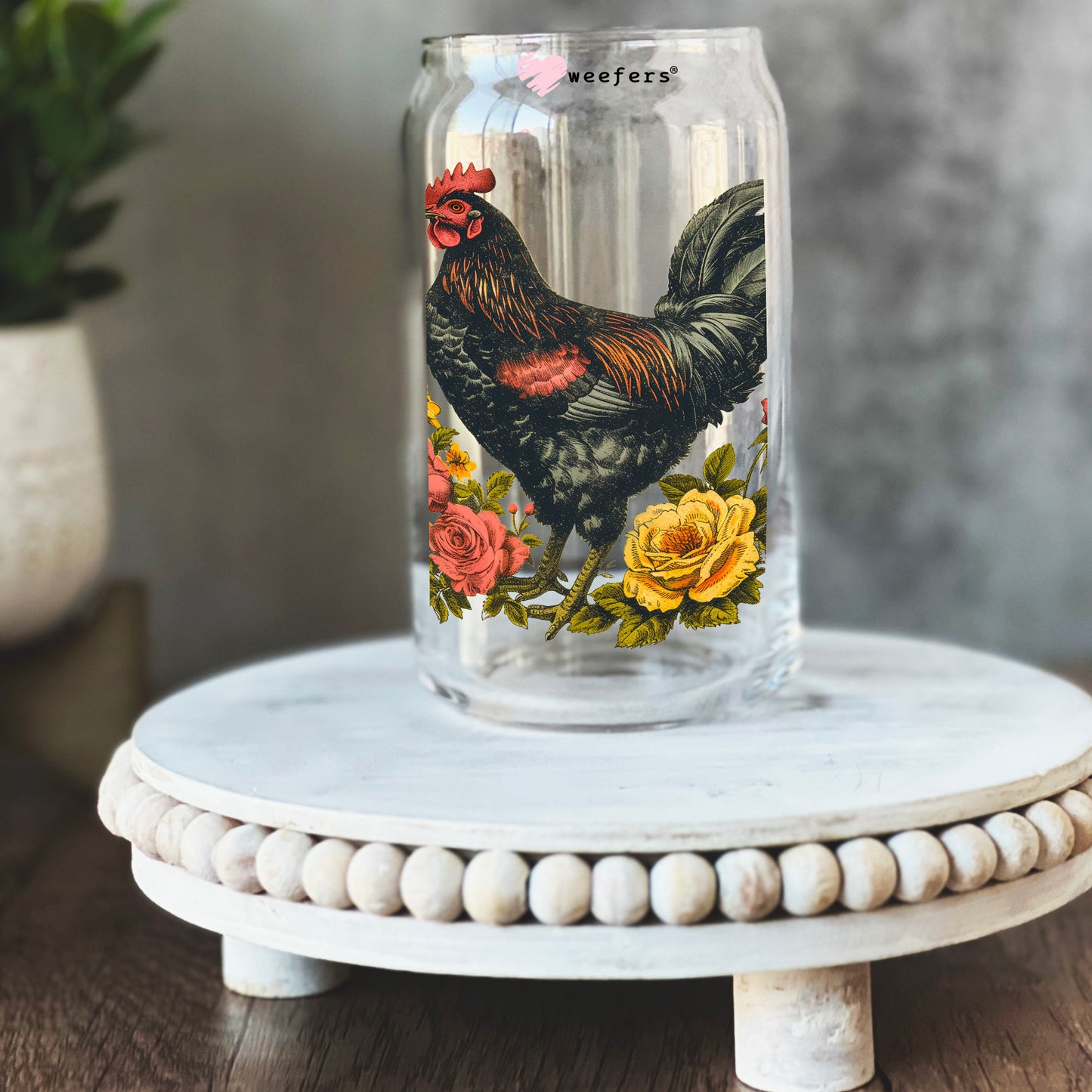 Vintage Floral Rooster 16oz Libbey Glass Can UV DTF or Sublimation Wrap - Decal - Weefers