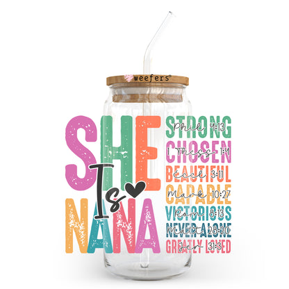 She Is Nana Christian 20oz Libbey Glass Can UV DTF or Sublimation Wrap - Decal - Weefers