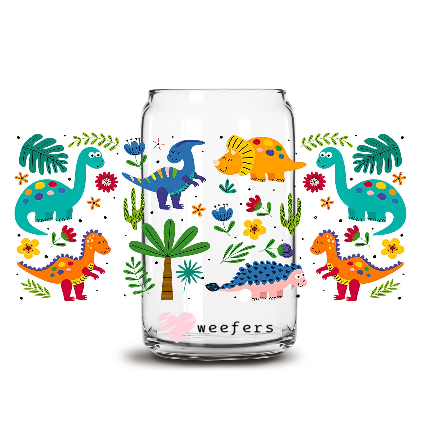 Playful Dinosaurs 16oz Libbey Glass Can UV DTF or Sublimation Wrap - Transfer - Weefers