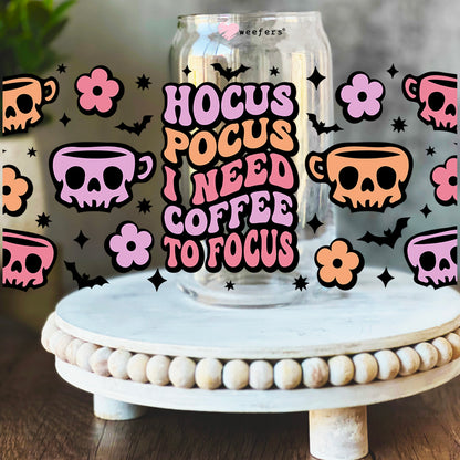 Hocus Pocus I Need Coffee to Focus Halloween 16oz Libbey Glass Can UV DTF Decal Transfer - Weefers