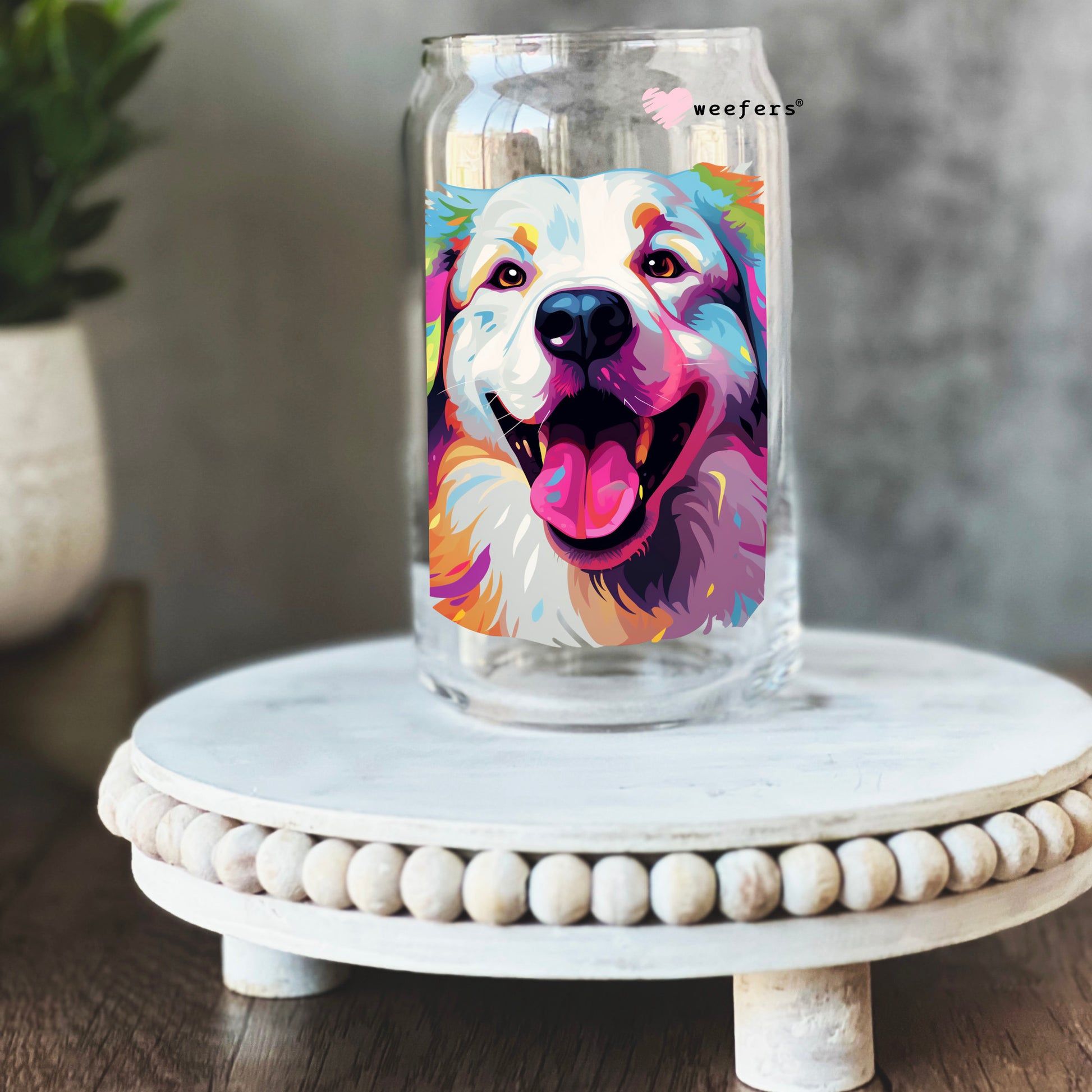 Great Pyrenees Colorful Watercolor 16oz Libbey Glass Can UV DTF or Sublimation Wrap - Decal - Weefers