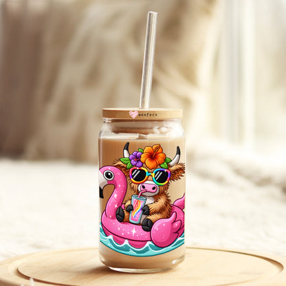 Vacay Highlander Cow Flamingo Floaty 16oz Libbey Glass Can UV DTF or Sublimation Decal - Transfer - Weefers