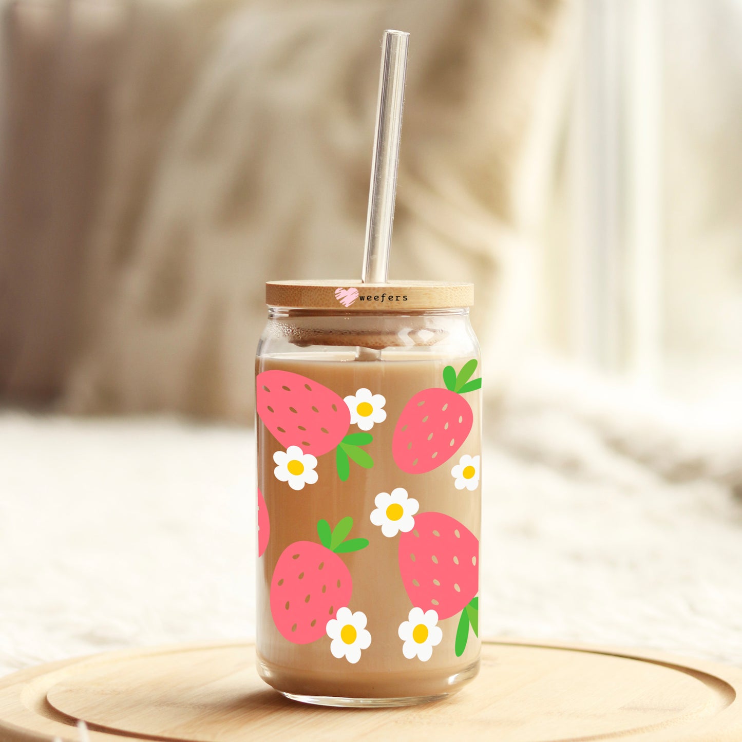 Strawberry White Daisies 16oz Libbey Glass Can UV DTF or Sublimation Wrap Decal Transfer - Weefers