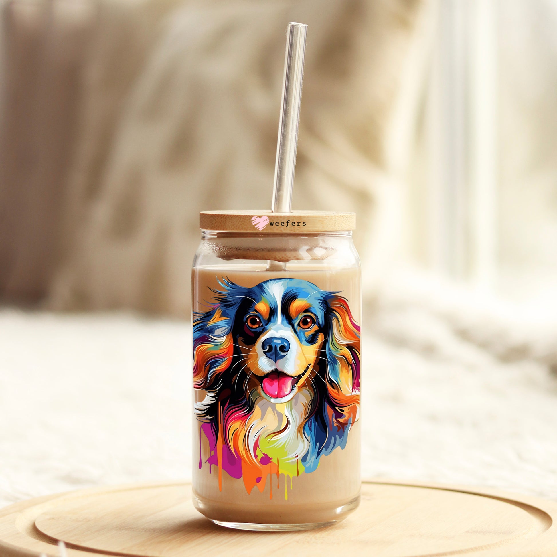 Cavalier King Charles Spaniel Colorful Watercolor 16oz Libbey Glass Can UV DTF or Sublimation Wrap - Decal - Weefers