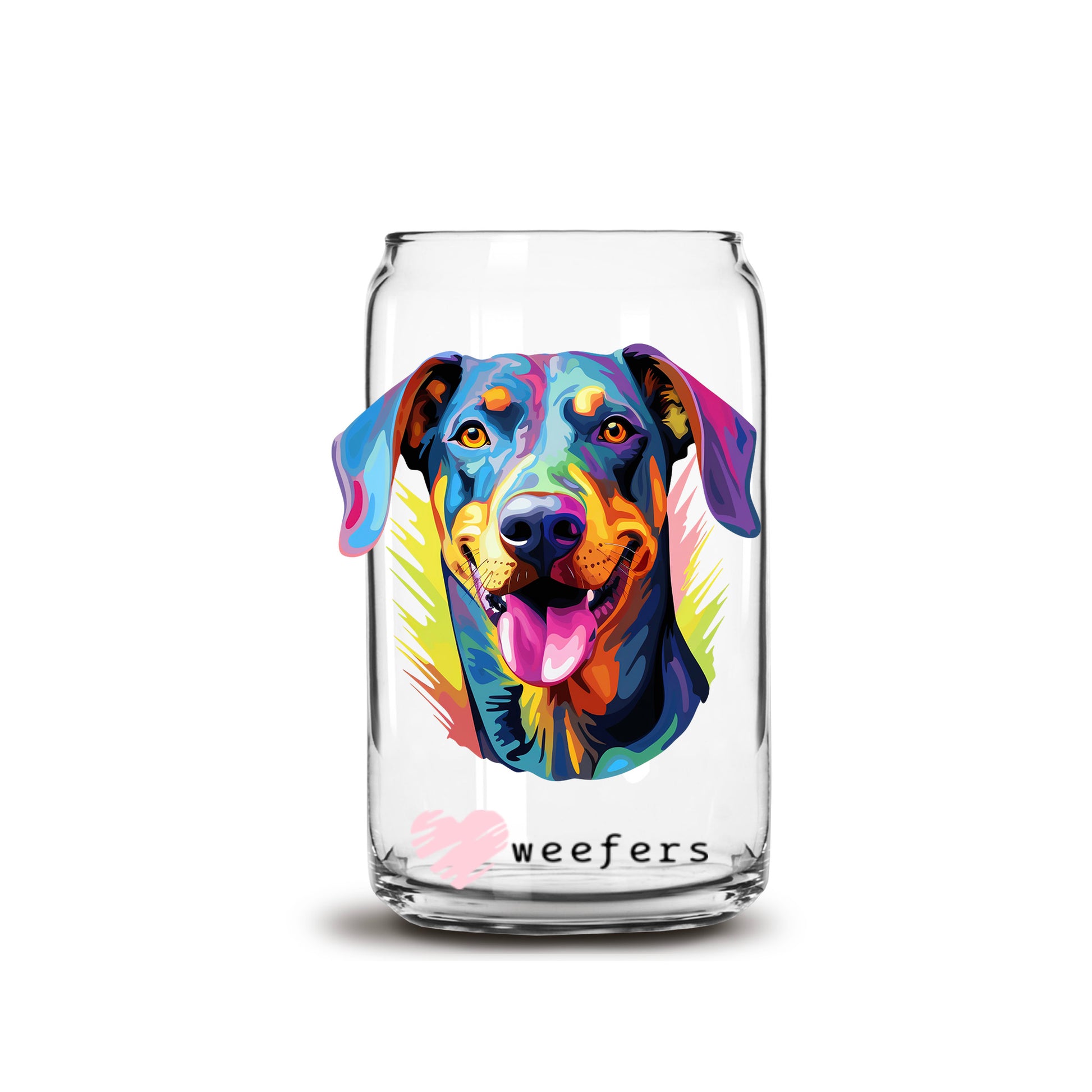 Doberman Colorful Watercolor 16oz Libbey Glass Can UV DTF or Sublimation Wrap - Decal - Weefers