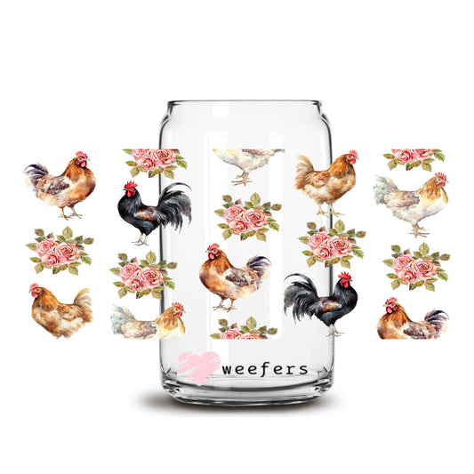 Vintage Roosters and Chickens 16oz Libbey Glass Can UV DTF or Sublimation Wrap - Decal - Weefers