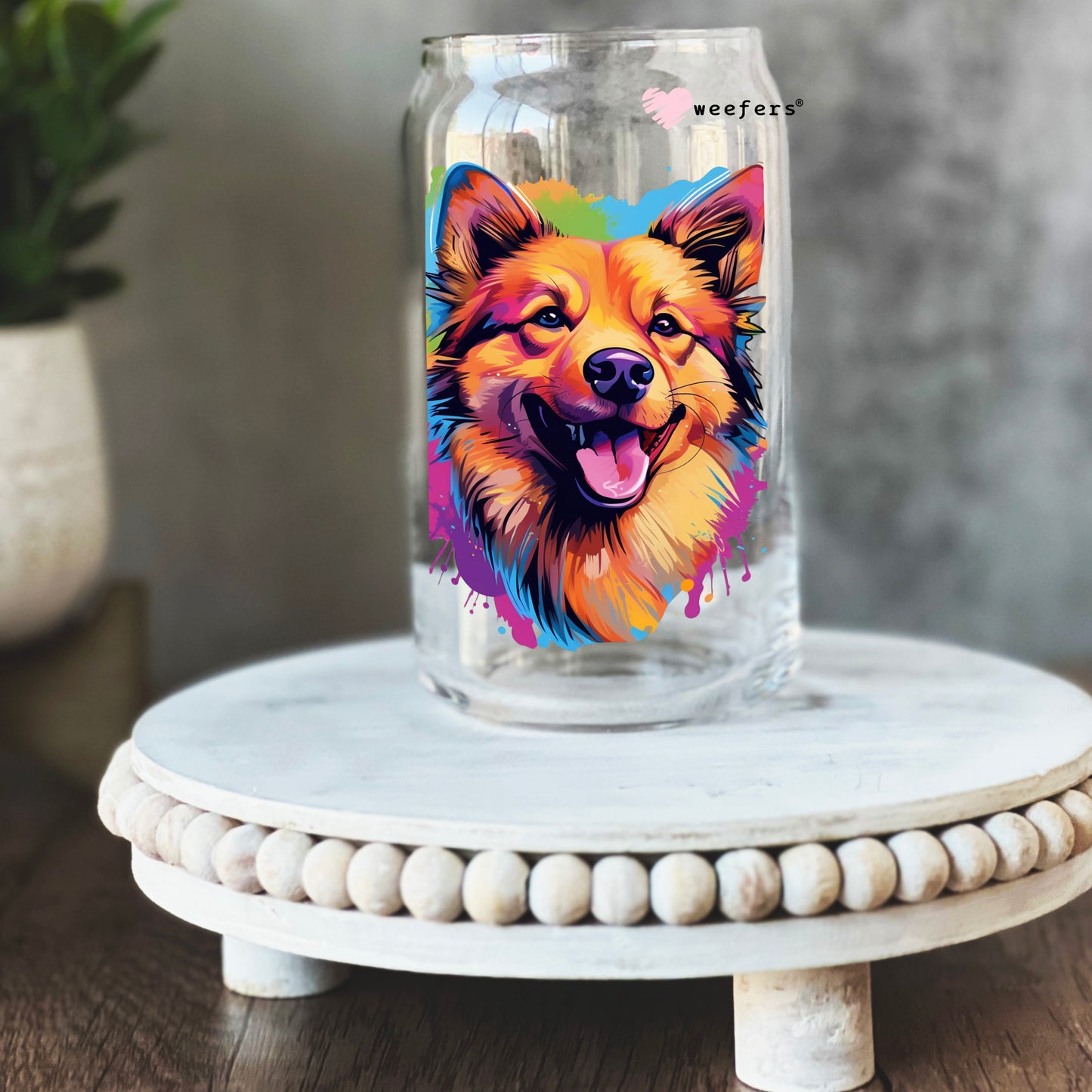 Finnish Spitz Colorful Watercolor 16oz Libbey Glass Can UV DTF or Sublimation Wrap - Decal - Weefers