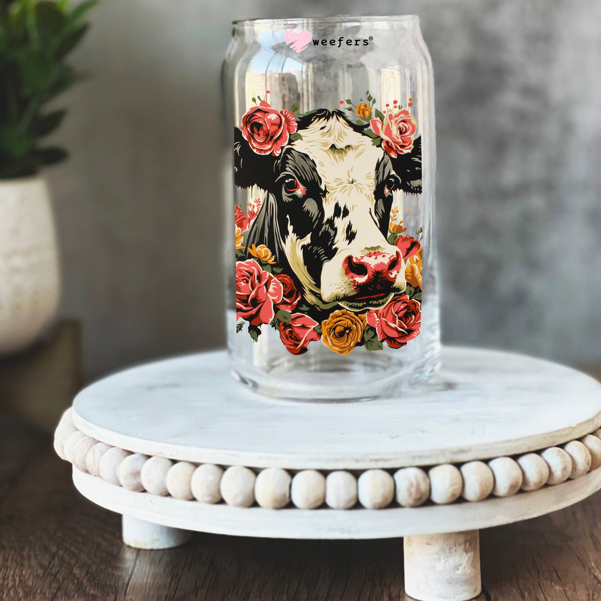 Vintage Floral Cow 16oz Libbey Glass Can UV DTF or Sublimation Wrap - Decal - Weefers