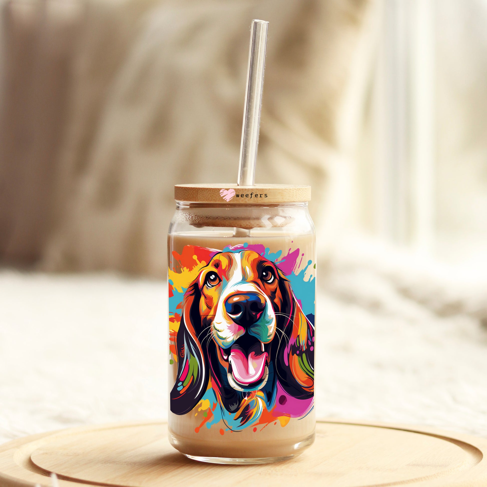 Basset Hound Colorful Watercolor 16oz Libbey Glass Can UV DTF or Sublimation Wrap - Decal - Weefers