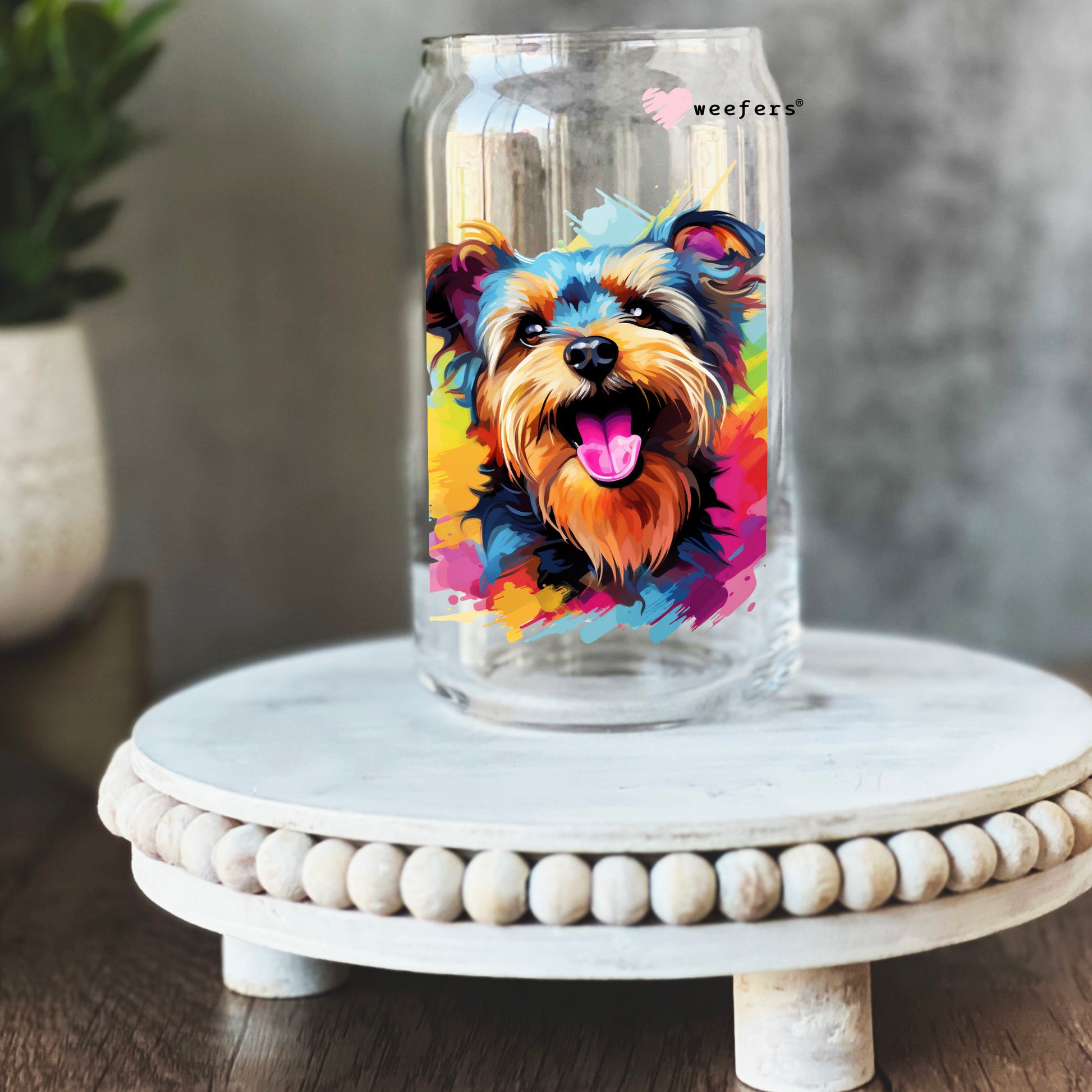 Yorkshire Terrier Colorful Watercolor 16oz Libbey Glass Can UV DTF or Sublimation Wrap - Decal - Weefers