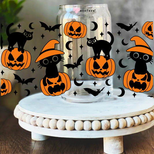 Black Cats and Pumpkins 16oz Libbey Glass Can UV DTF or Sublimation Wrap Decal Transfer - Weefers