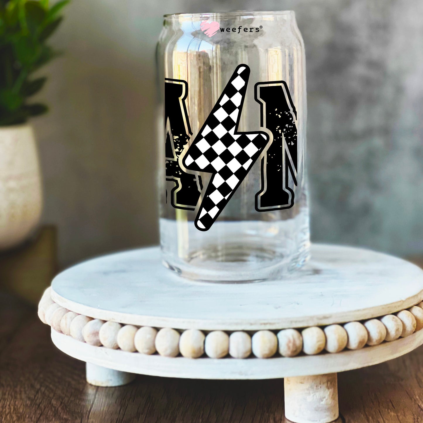 Mama Checkered Lightning Bolt 16oz Libbey Glass Can UV DTF or Sublimation Wrap Decal Transfer - Weefers