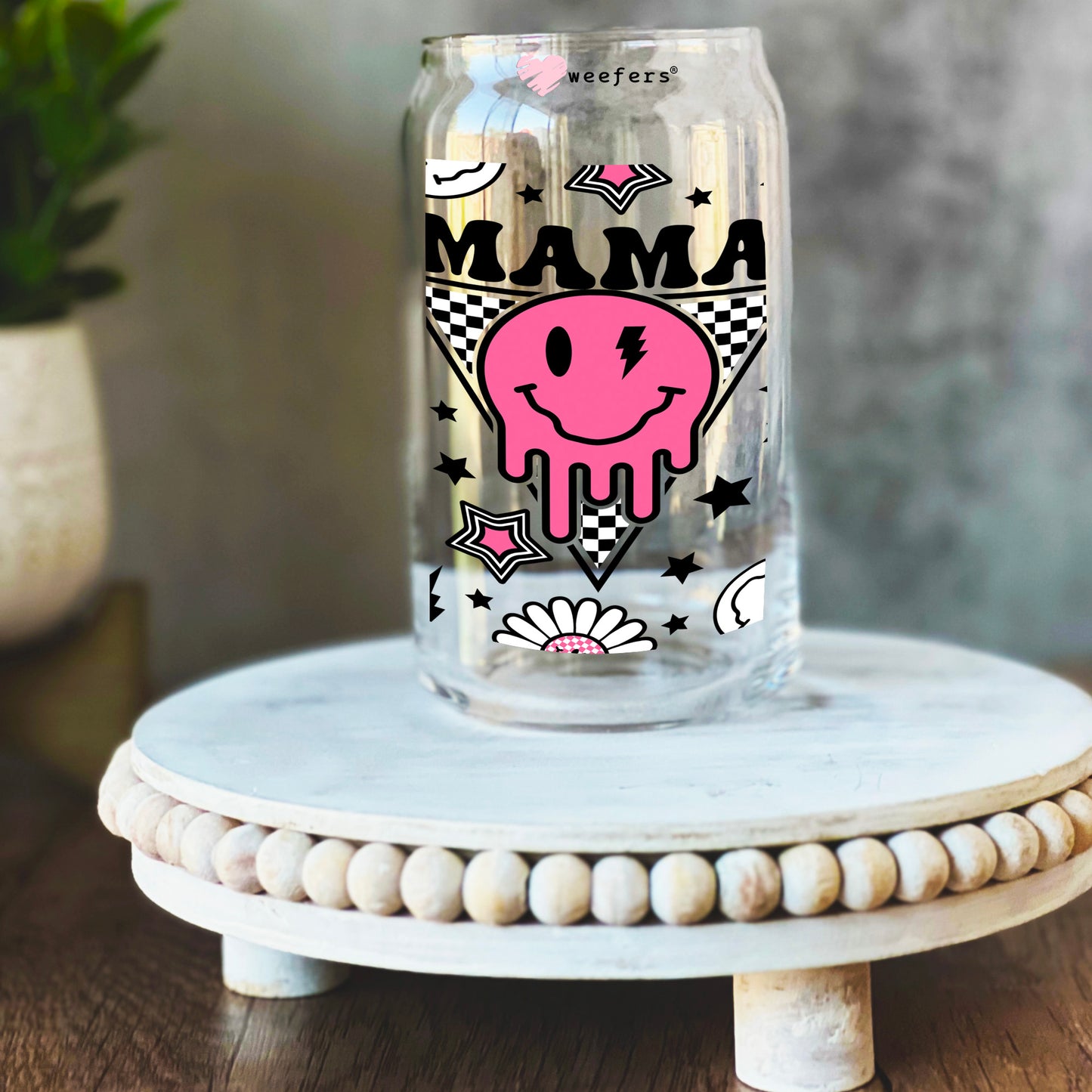 Retro Mama Smile Drip Face 16oz Libbey Glass Can UV DTF or Sublimation Wrap - Transfer - Weefers