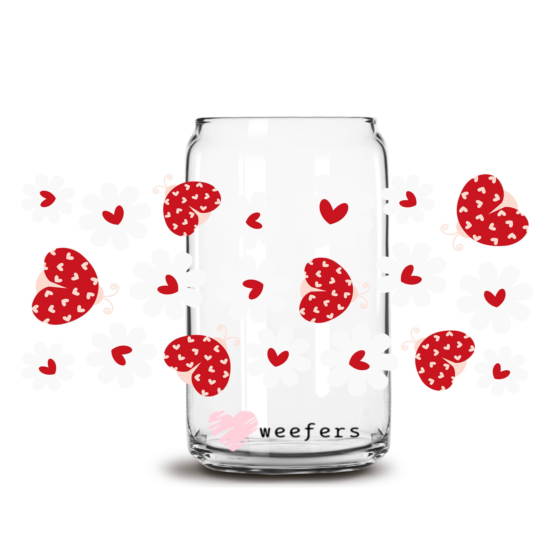 Red Heart Lady Bugs Flowers 16oz Libbey Glass Can UV DTF or Sublimation Wrap Decal Transfer - Weefers