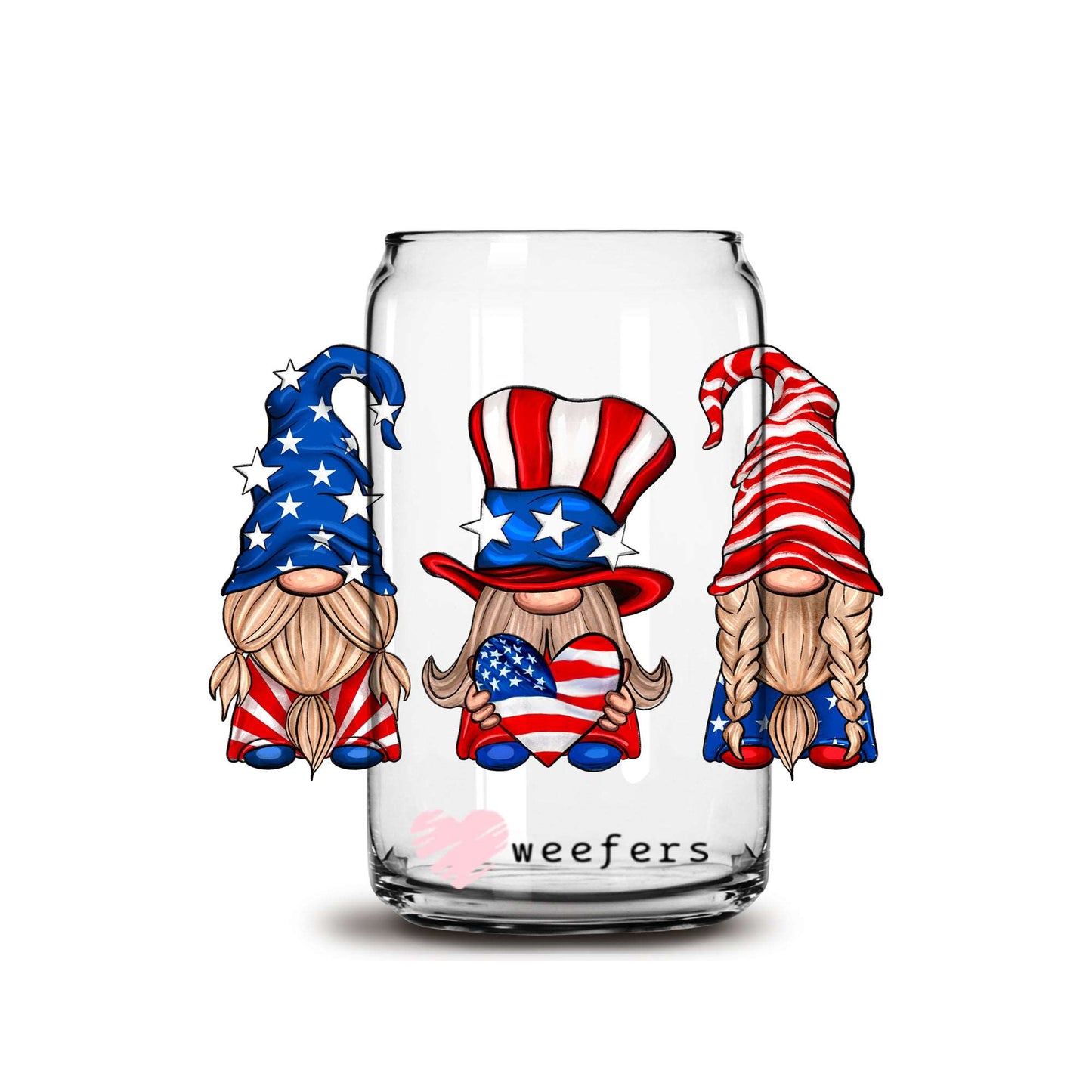 4th of July Gnomes 16oz Libbey Glass Can UV DTF or Sublimation Wrap - Decal - Weefers