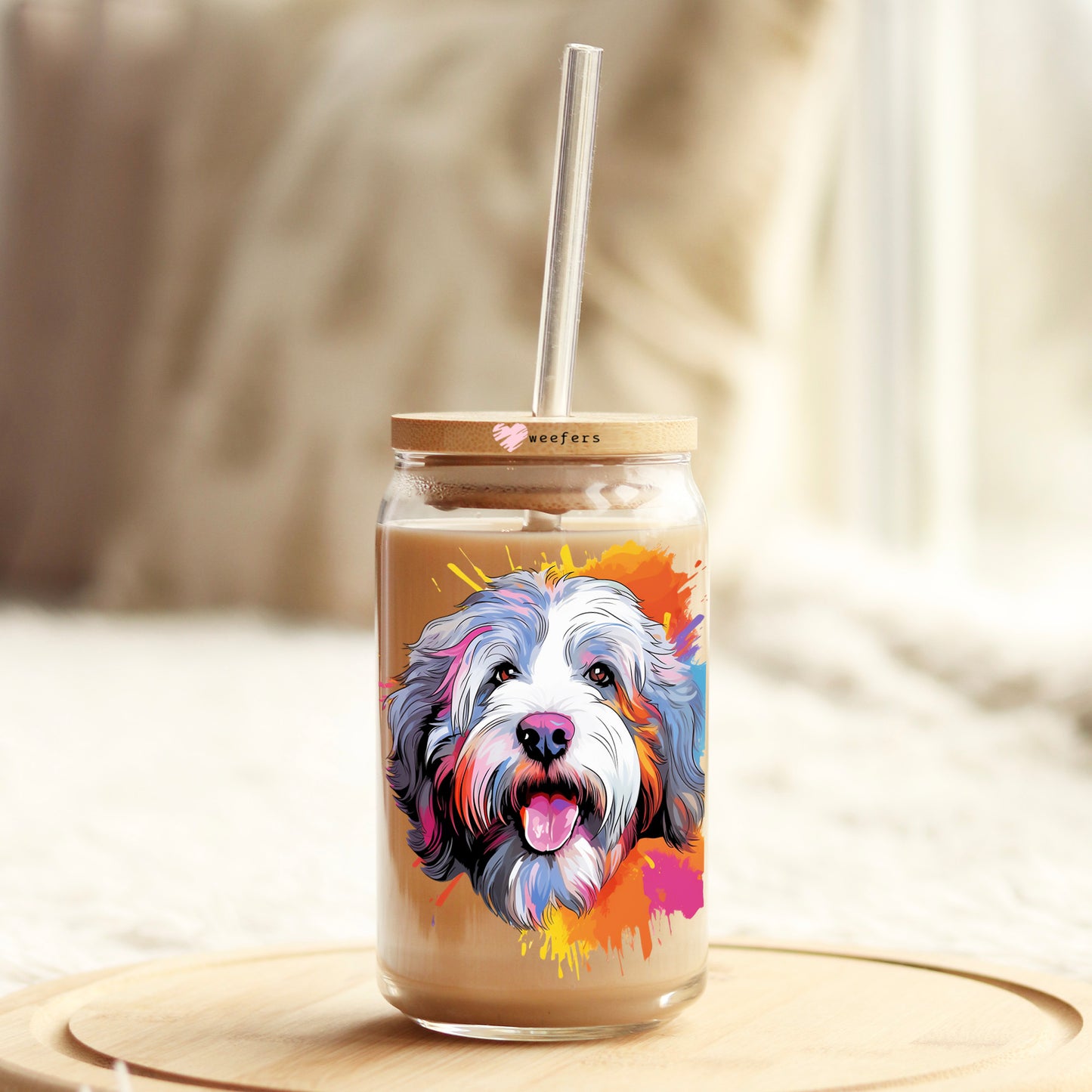 Old English Sheepdog Colorful Watercolor 16oz Libbey Glass Can UV DTF or Sublimation Wrap - Decal - Weefers