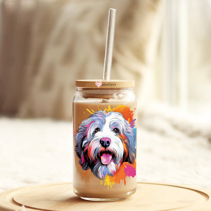 Old English Sheepdog Colorful Watercolor 16oz Libbey Glass Can UV DTF or Sublimation Wrap - Decal - Weefers