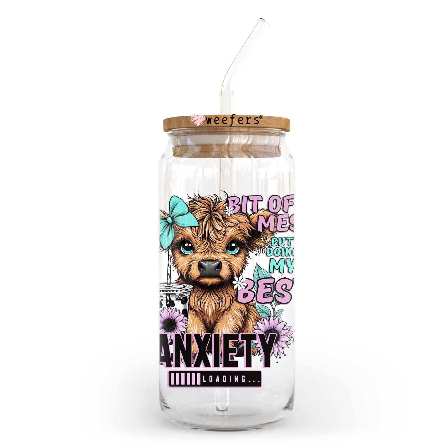 Bit of a Mess Doing My Best Teal Highlander Cow 20oz Libbey Glass Can, 34oz Hip Sip, 40oz Tumbler, 24oz Cold Cup UV DTF or Sublimation Decal Transfer - Weefers