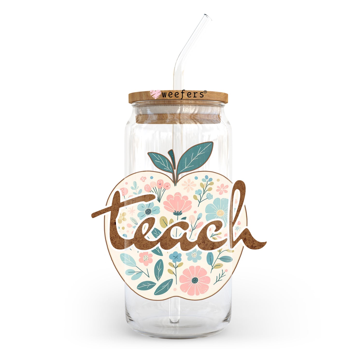 Teach Floral Apple 20oz Libbey Glass Can, 34oz Hip Sip, 40oz Tumbler, 24oz Cold Cup UV DTF or Sublimation Decal Transfer - Weefers