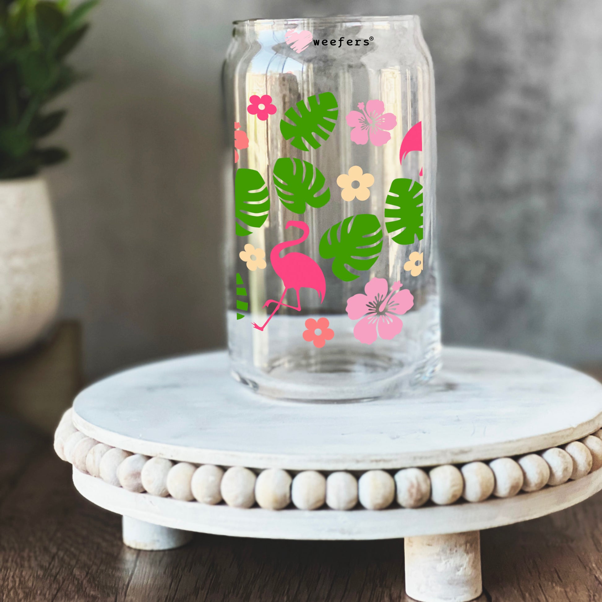 Tropical Flamingos  16oz Libbey Glass Can UV DTF or Sublimation Wrap - Transfer - Weefers