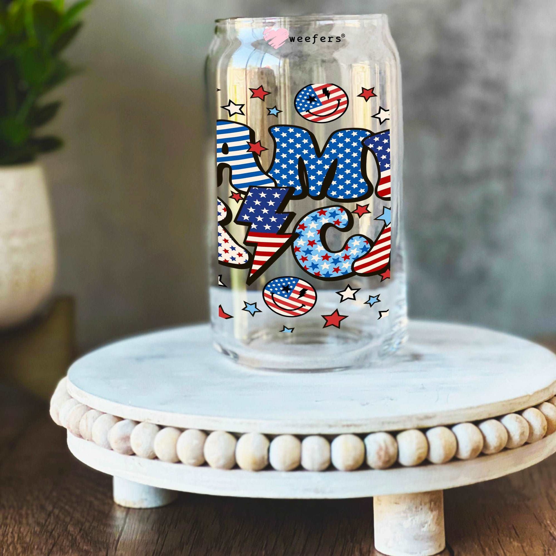 4th of July America Lightening Bolt 16oz Libbey Glass Can UV DTF or Sublimation Wrap - Transfer - Weefers