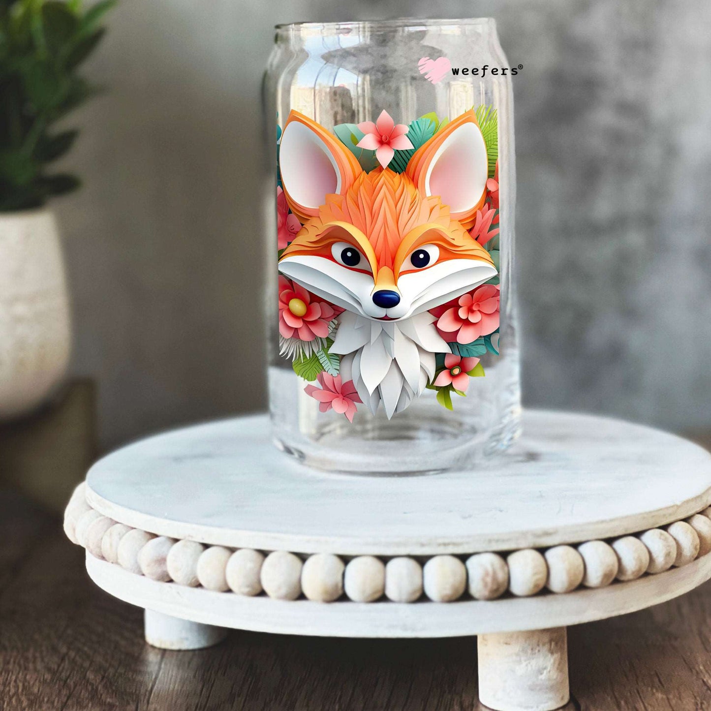 3D Fox Floral 16oz Libbey Glass Can UV DTF or Sublimation Cup Wrap - Decal Transfer - Weefers