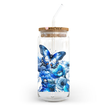 Blue Butterfly Floral 20oz Libbey Glass Can, 34oz Hip Sip, 40oz Tumbler, 24oz Cold Cup UV DTF or Sublimation Decal Transfer - Weefers