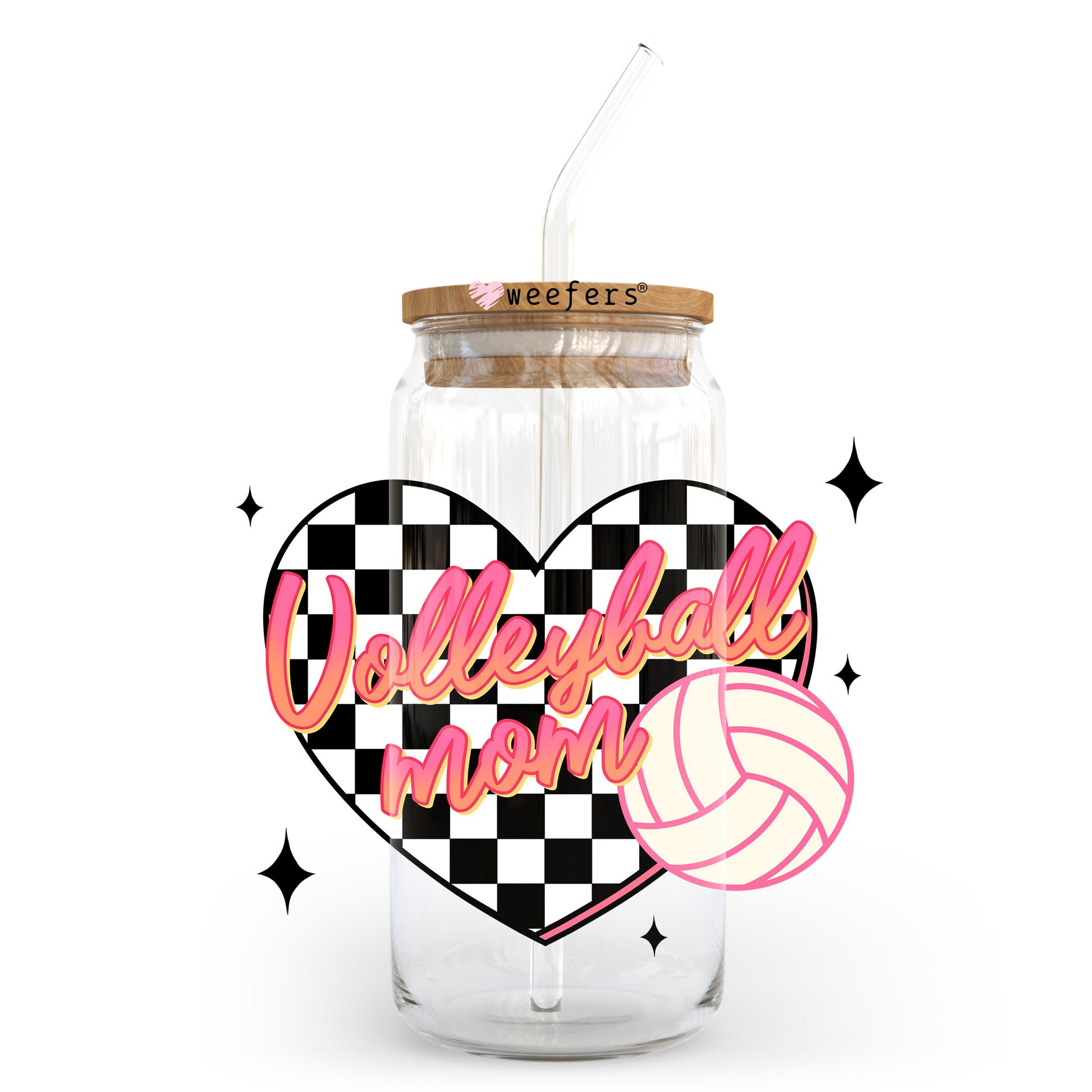 Volleyball Mom Heart Checkered 20oz Libbey Glass Can, 34oz Hip Sip, 40oz Tumbler, 24oz Cold Cup UV DTF or Sublimation Decal Transfer - Weefers