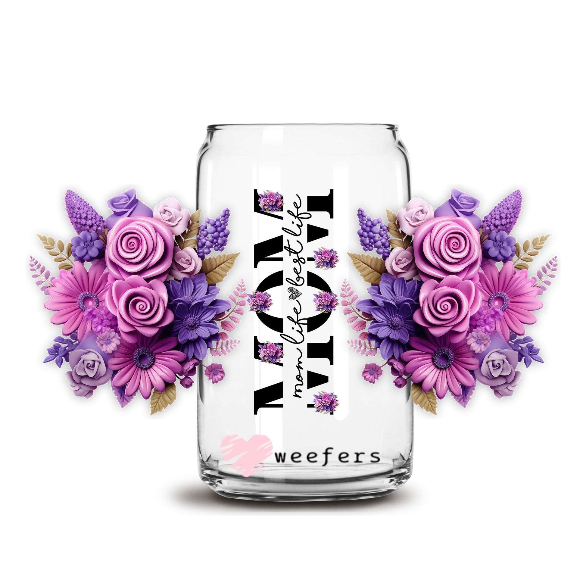 3D Mom Purple Floral 16oz Libbey Glass Can UV DTF or Sublimation Cup Wrap - Decal Transfer - Weefers