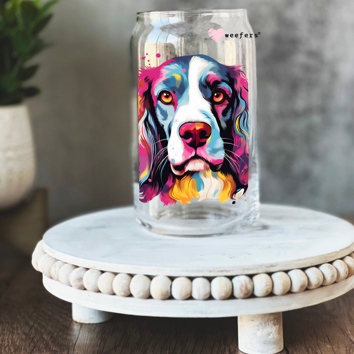 English Springer Spaniel Colorful Watercolor 16oz Libbey Glass Can UV DTF or Sublimation Wrap - Decal - Weefers