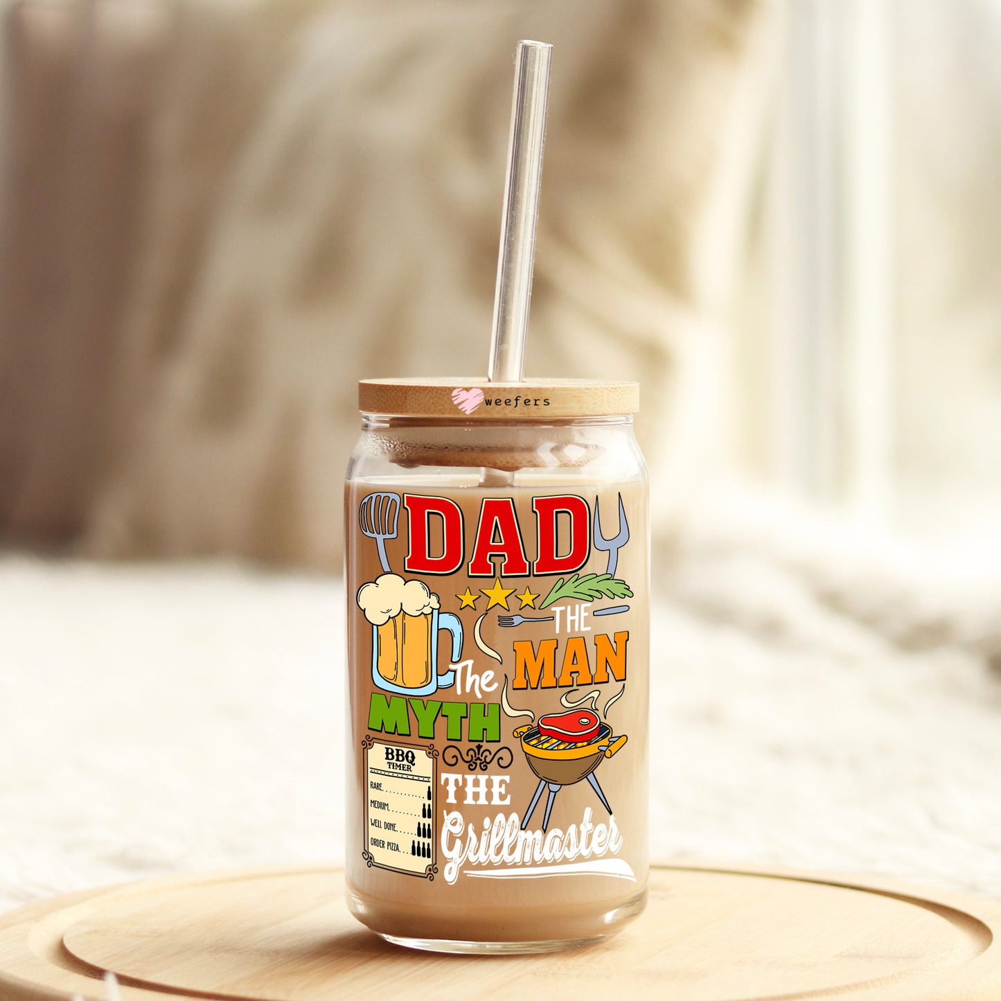 Dad the Man the Myth the Grillmaster White 16oz Libbey Glass Can UV DTF or Sublimation Decal Transfer - Weefers