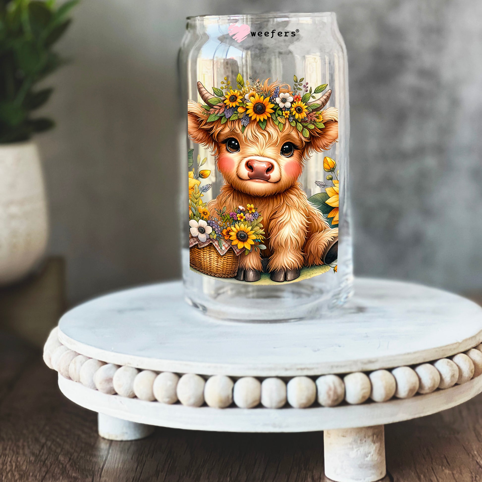 Baby Highlander Cow Sunflowers 16oz Libbey Glass Can UV DTF or Sublimation Wrap - Transfer - Weefers