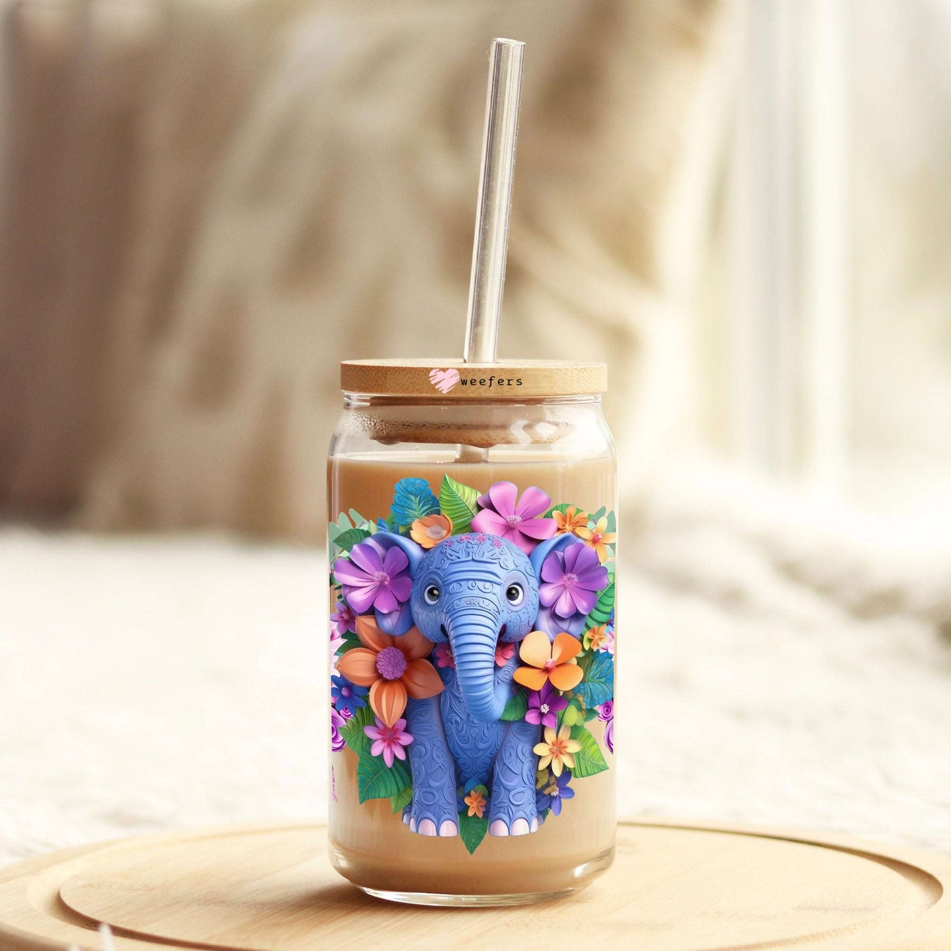 3D Elephant Floral 16oz Libbey Glass Can UV DTF or Sublimation Cup Wrap - Decal Transfer - Weefers