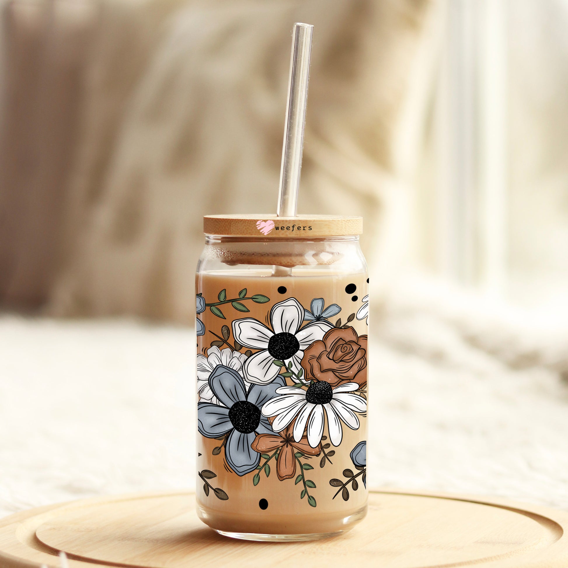 Grey White Rust Florals 16oz Libbey Glass Can UV DTF or Sublimation Wrap Decal Transfer - Weefers