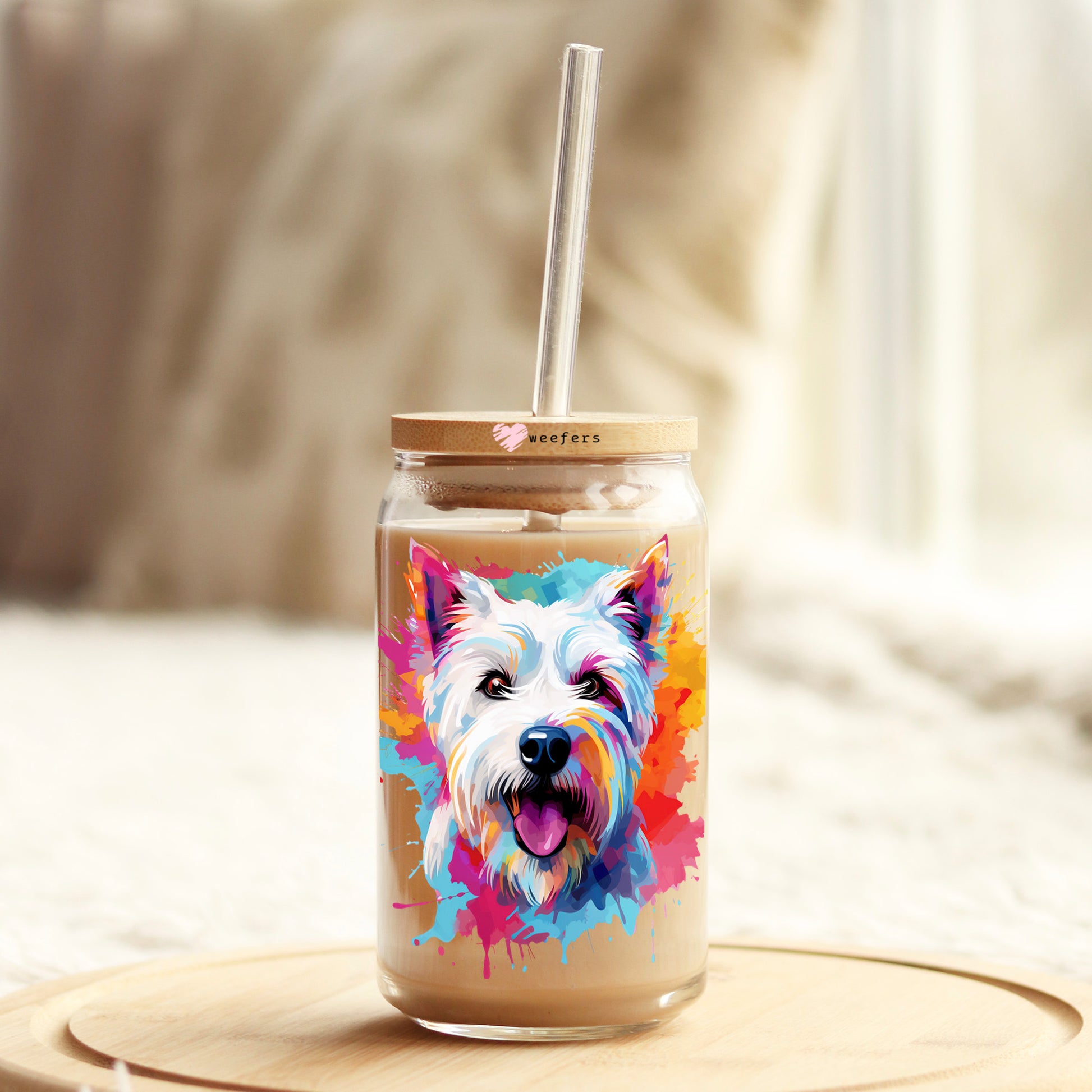 West Highland White Terrier Colorful Watercolor 16oz Libbey Glass Can UV DTF or Sublimation Wrap - Decal - Weefers