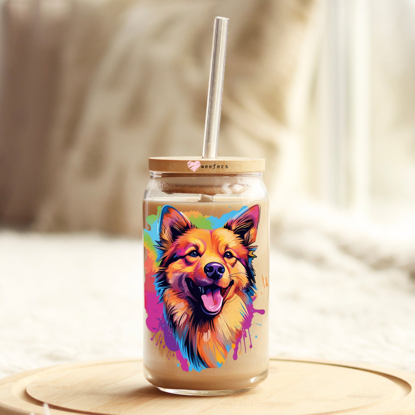 Finnish Spitz Colorful Watercolor 16oz Libbey Glass Can UV DTF or Sublimation Wrap - Decal - Weefers