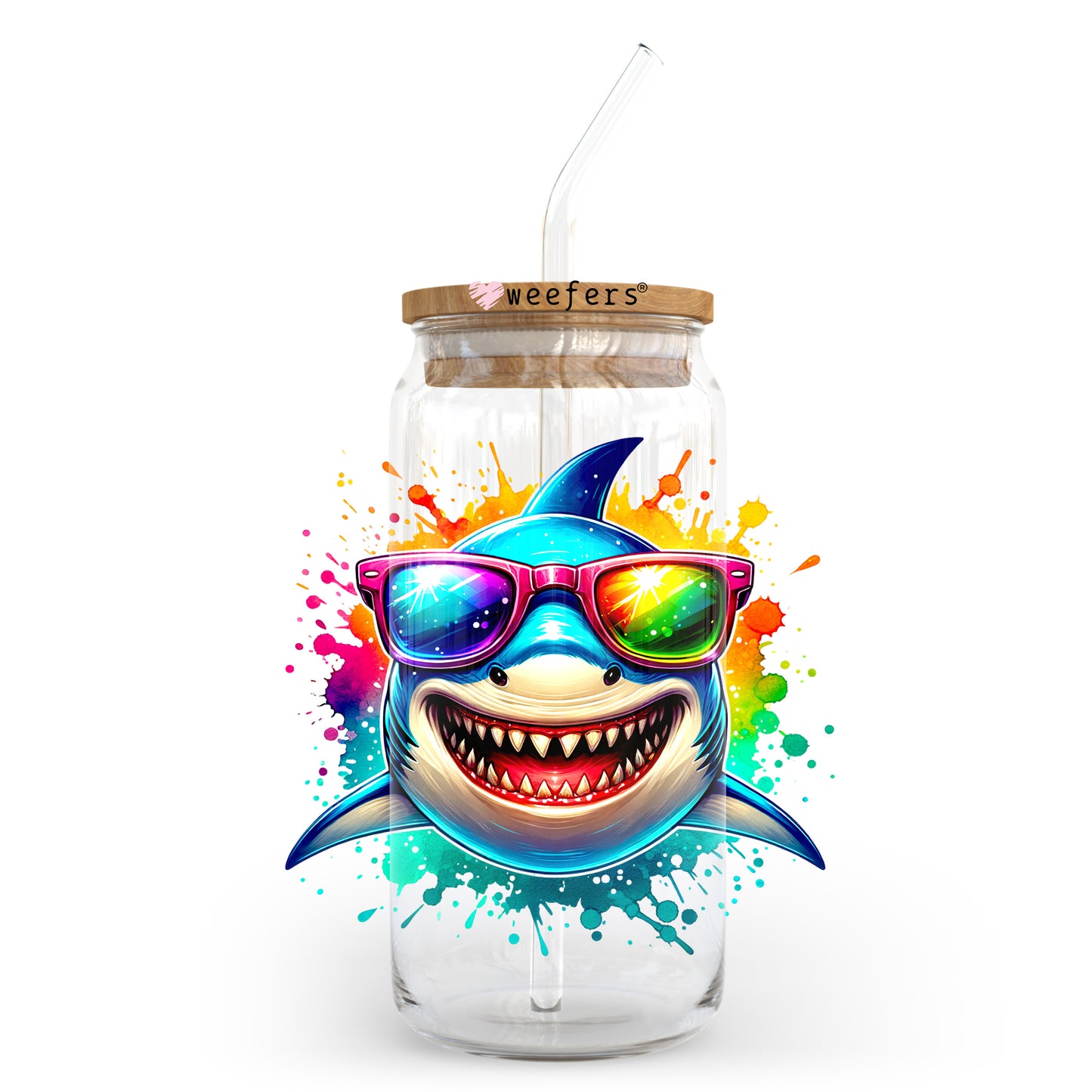 Colorful Shark 20oz Libbey Glass Can UV DTF or Sublimation Decal Transfer - Weefers