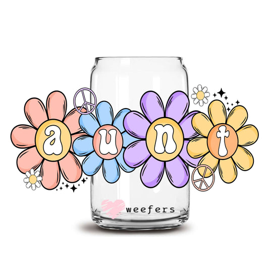 Aunt Flowers 16oz Libbey Glass Can UV DTF or Sublimation Cup Wrap - Decal Transfer Weefers