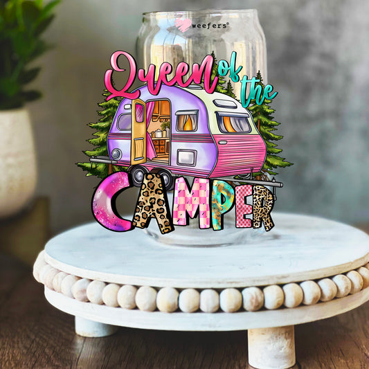 Queen of the Camper Pink 16oz Libbey Glass Can UV DTF or Sublimation Wrap Decal Transfer - Weefers