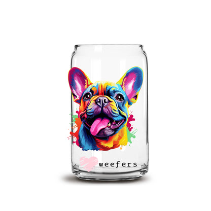 French Bulldog Colorful Watercolor 16oz Libbey Glass Can UV DTF or Sublimation Wrap - Decal - Weefers