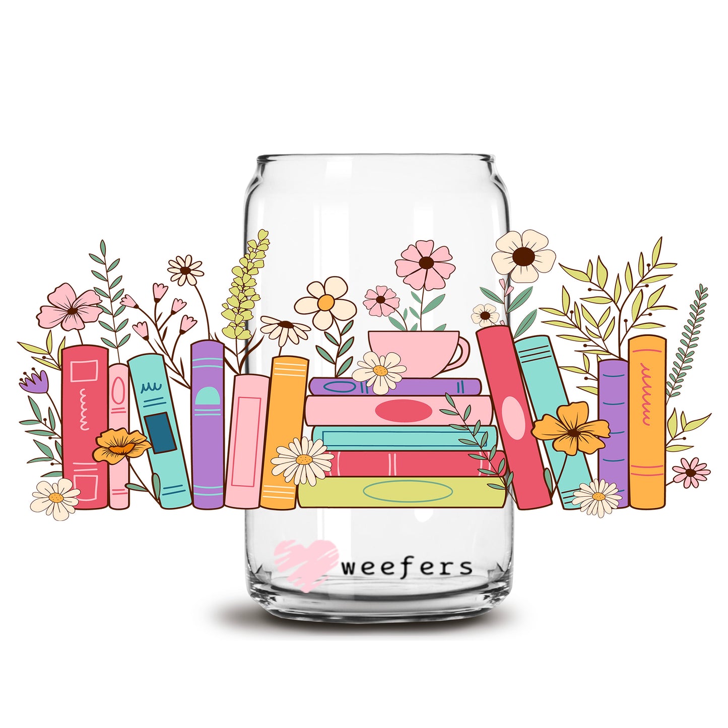 Stacked Books Book Lover 16oz Libbey Glass Can UV DTF or Sublimation Wrap - Transfer - Weefers