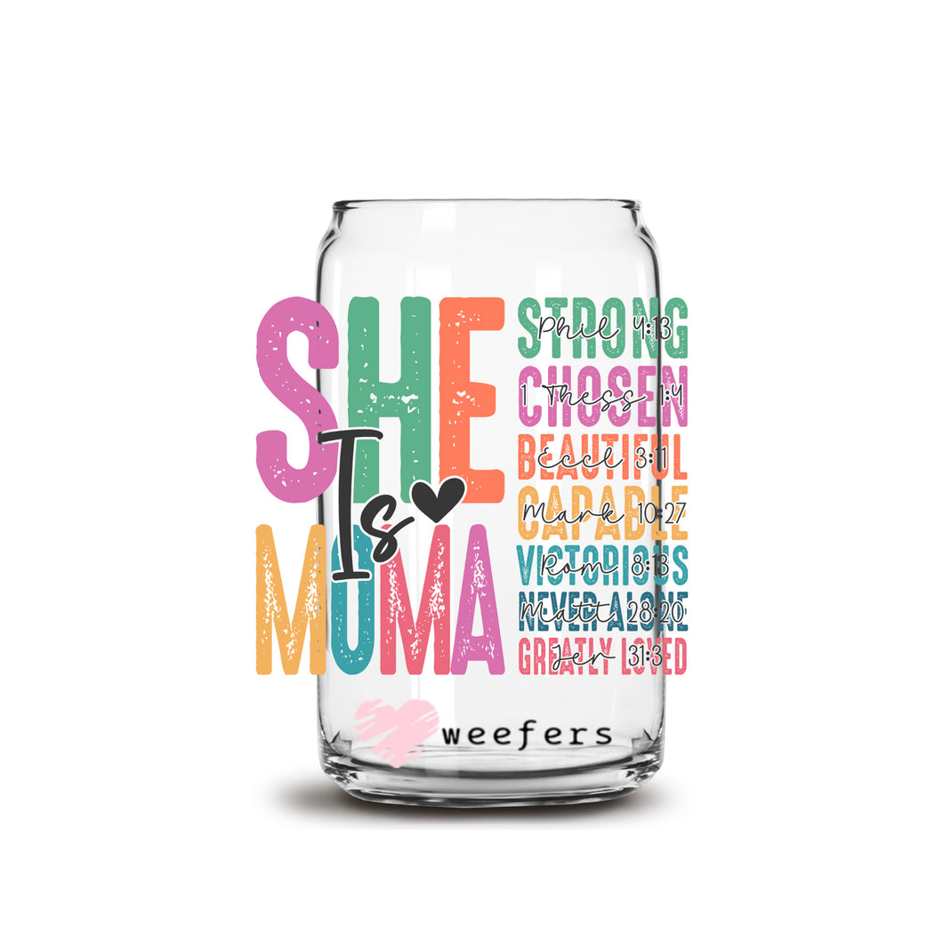 a glass jar with the words she is a momma on it
