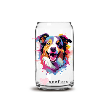 Border Collie Colorful Watercolor 16oz Libbey Glass Can UV DTF or Sublimation Wrap - Decal - Weefers