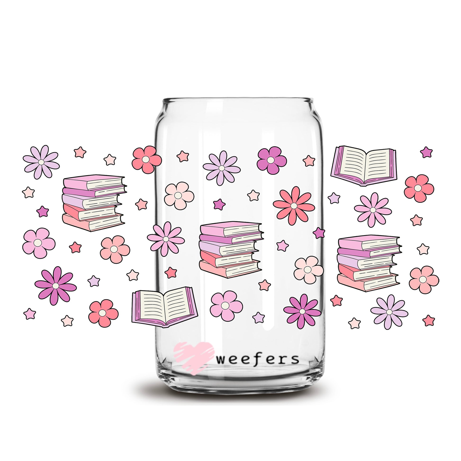 Pink and Purple Book Lover 16oz Libbey Glass Can UV DTF or Sublimation Wrap - Decal - Weefers