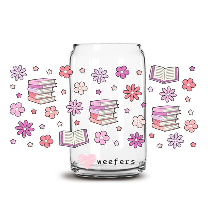 Pink and Purple Book Lover 16oz Libbey Glass Can UV DTF or Sublimation Wrap - Decal - Weefers