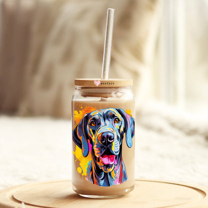 Great Dane Colorful Watercolor 16oz Libbey Glass Can UV DTF or Sublimation Wrap - Decal - Weefers