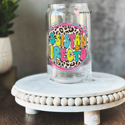 Assistant Director Pink Cheetah 16oz Libbey Glass Can UV DTF or Sublimation Cup Wrap - Decal Transfer Weefers