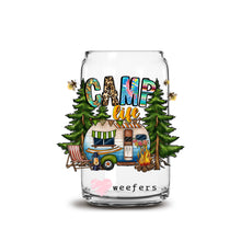 Load image into Gallery viewer, a glass jar with a camper and trees on it
