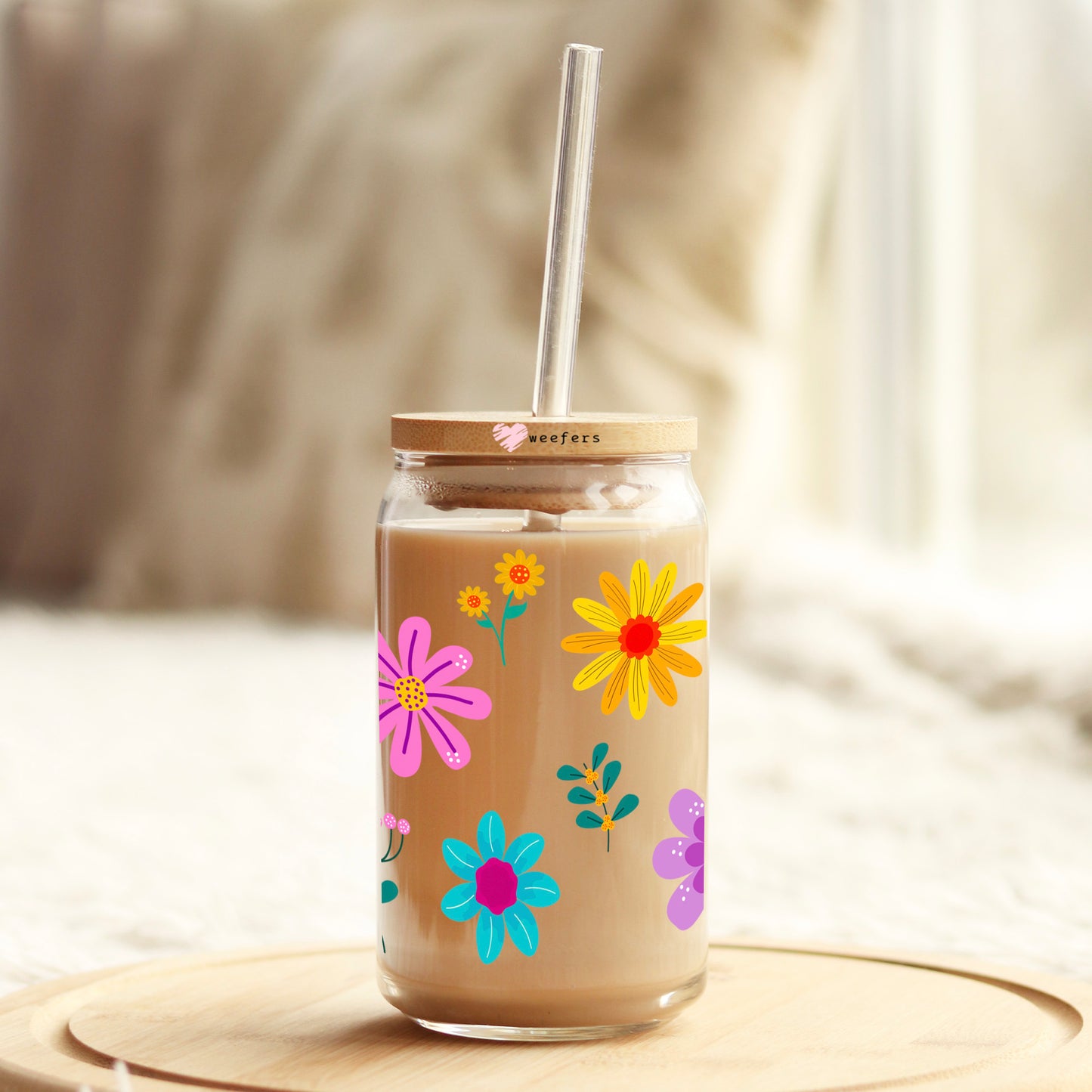 Colorful Summer Flowers 16oz Libbey Glass Can UV DTF or Sublimation Wrap - Decal Transfer - Weefers