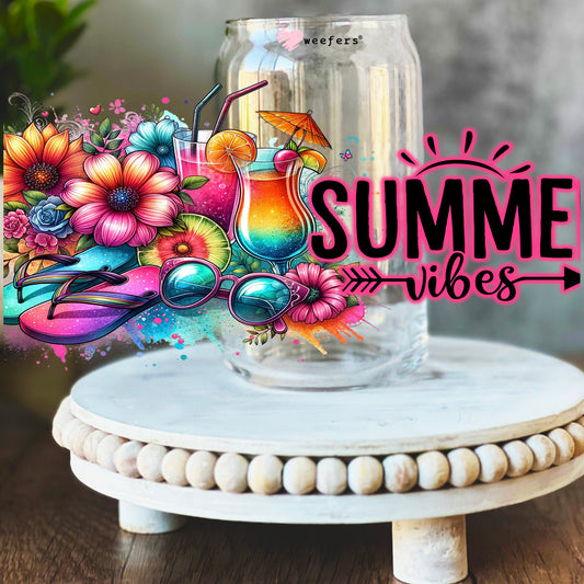 Summer Vibes Colorful Flowers 16oz Libbey Glass Can UV DTF or Sublimation Wrap Decal Transfer - Weefers